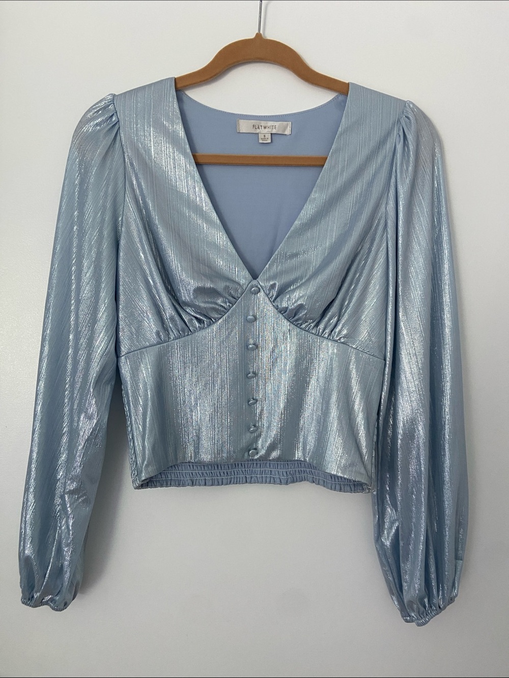 Anthropologie Flat White Shimmery Light Blue V-Neck Button-Front Blouse